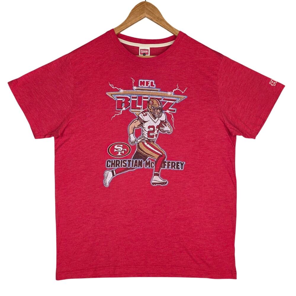 HOMAGE NFL BLITZ SF NINERS CHRISTIAN McCAFFREY TEE – SIZE L – RED – STREATWEAR